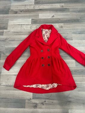 Free People Red Double-Breasted Women's Coat with Floral Lining